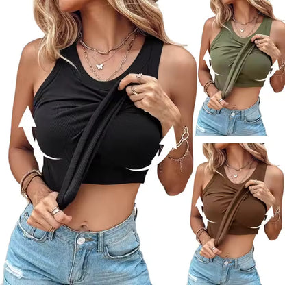 HoldHer®  Round Neck Built-in Bra Ribbed Tank Top